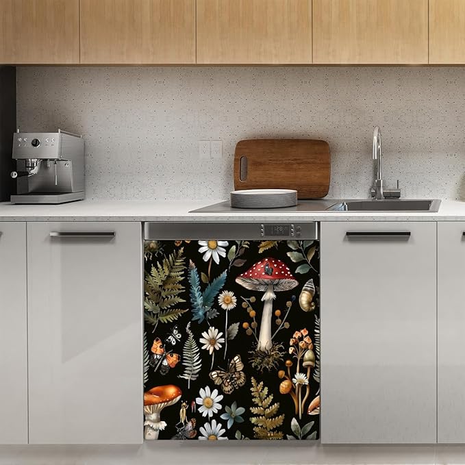 Dishwasher Magnet Cover Forest Mushroom Butterfly Snails Flower Reusable Dishwasher Magnetic Cover Sticker Decorative Dish Washer Door Cover Panel for Home Kitcen Appliance