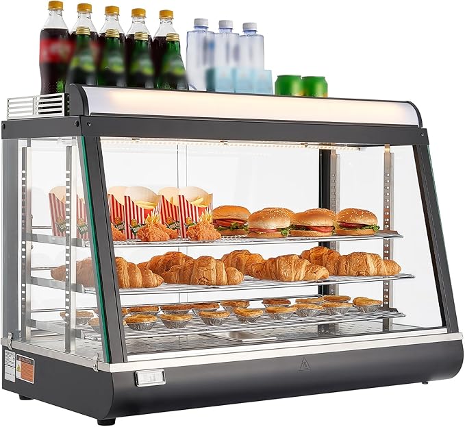 VEVOR 3-Tier Commercial Food Warmer Display, 1400W Food Display Warmer with LED Light, Top Storage and Adjustable Shelves, 86℉~185℉ Steam Heating, 105L for Hamburger, Pizza, Bread, Fried Chicken