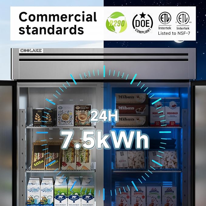 Coolake 49 Cu Ft Commercial Refrigerator, 54.4" W 2 Door Upright Fridge with 8 Adjustable Shelves, Frost-free Stainless Steel Industrial Reach-in Refrigerator for School Restaurant Church Prep Kitchen