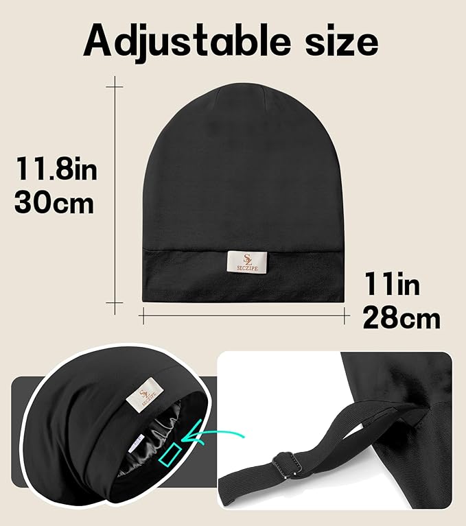100% Mulberry Silk Bonnet for Sleeping for Curly Hair and Braids, Wrap with Adjustable Strap for Women and Men,Real Silk, Not Satin（1Pc,Black）