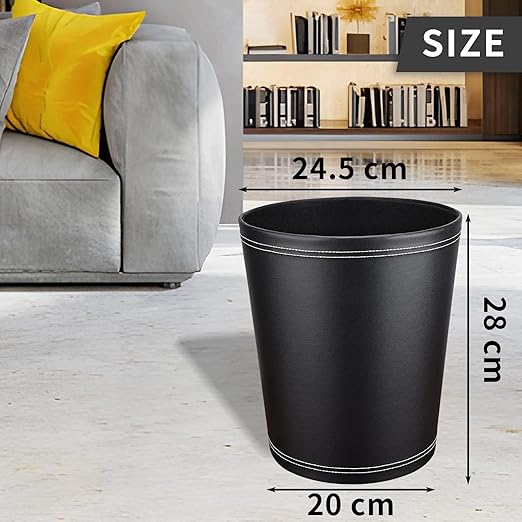 GORESE Pu Leather Trash Can, 2.6 Gallon Black Bathroom Trash Can, Small Office Garbage Can Wastebasket for Bedroom, Kitchen, Round Trash Bin Decorative Under-Sink/Desk/Home Easy to Clean