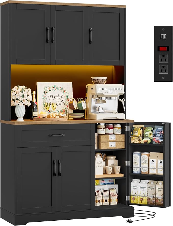 HIFIT 71" LED Kitchen Pantry Cabinet with Power Outlet, Tall Hutch Storage Cabinet with Microwave Stand & 6 Door Shelves, Modern Food Pantry Cabinets with Drawer for Kitchen Dining Living Room, Black