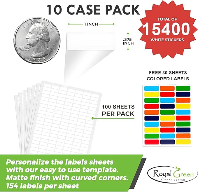 White Rectangular Labels + Bonus Color Stickers - White Color-Coding Labels with Laser Printer Template Included 1630 Pack - 10 Cases