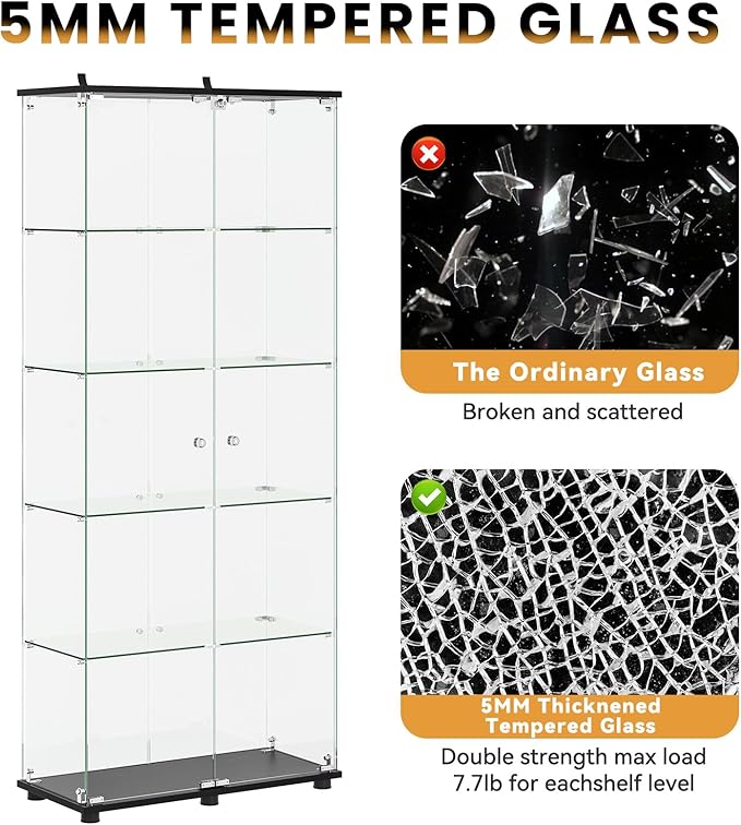 ROOMTEC Glass Display Cabinet with 5 Shelves, Double Doors, Floor Standing Display Cage, for Living Room Bedroom Office, 74.5 x 31.7 x 14.3 in, Black