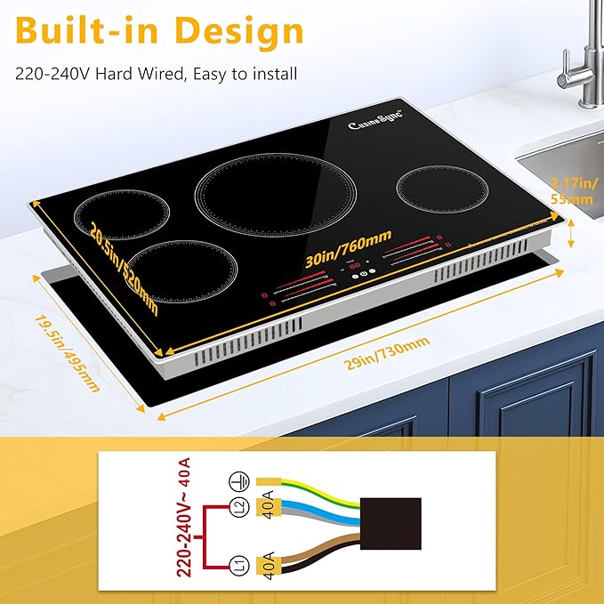 30 Inch Built-In Induction Cooktop, 4 Burner Electric Stove Top, 7100W 240V Hardwired, Touch Control with Power Boost, 9 Levels, Timer, Child Lock & Residual Heat Indicator