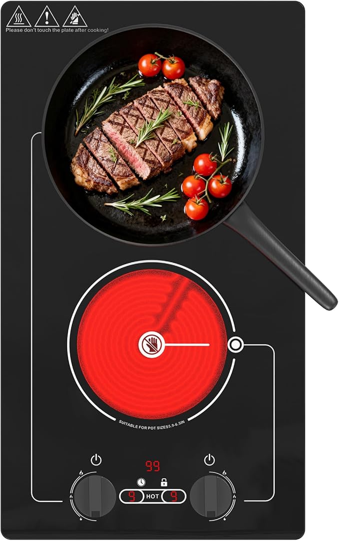 VBGK Electric cooktop,Built-in Design and Countertop Stove Top with Knob Control&Touch Control,9 Power Level, Timer & Kid Safety Lock,110-120V 2100W 2 burner Electric cooktop