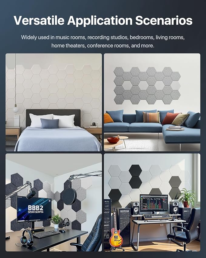12 Pack Soundproof Wall Panels, Hexagon Acoustic Panels High Density Acoustic Wall Panels, Self-Adhesive Sound Proofing Panels for Walls, Office, Reccording Studio, Ceiling 12" X 10" X 0.4" White