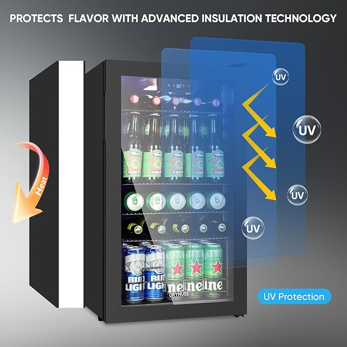 3.2 Cu.Ft Beverage Refrigerator with Compressor Cooling, 130 Can Glass Door Mini Fridge for Soda, Beer & Wine, Adjustable Shelves, Digital Temperature Control, for Home, Office & Bar, Black
