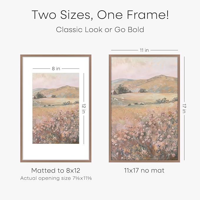 Homeforia 11 x 17 Picture Frame Mocha, High End Metal 11x17 Poster Frames with Mat 8x12 for Photo, 11 x 17 Mocha Frame Matted to 8 x 12 inch Print, 17x11 Thin Frame, Tempered Glass, Wall Kit, Set of 1