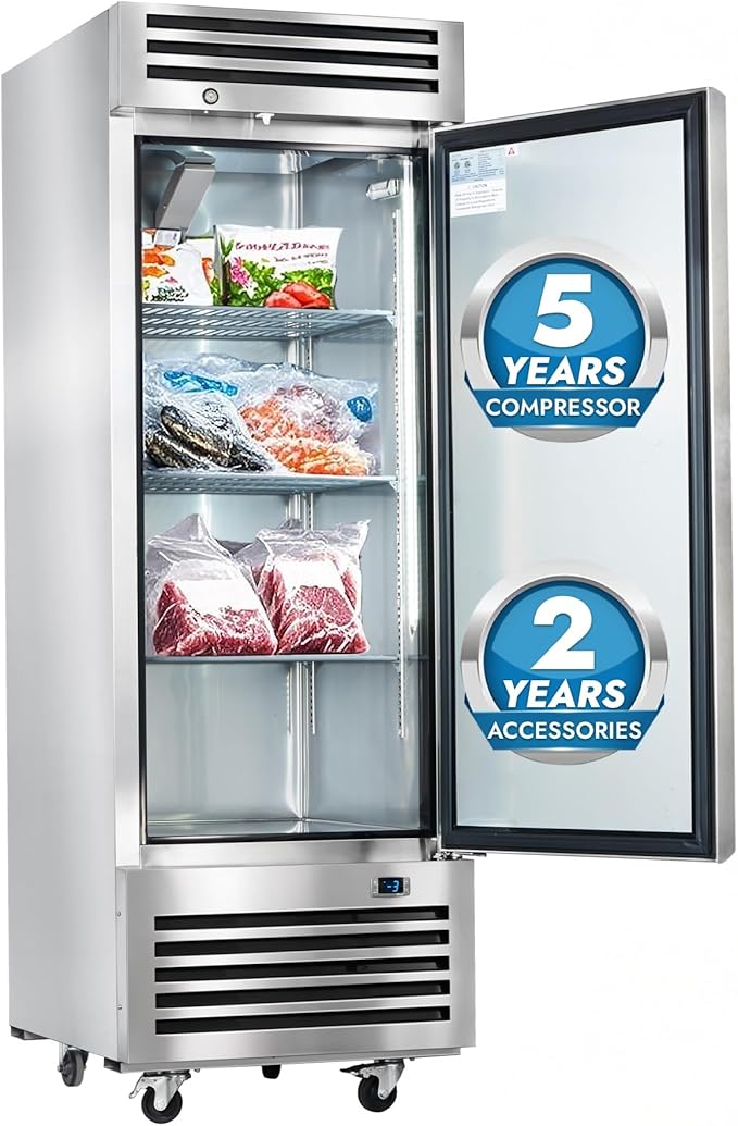 HECMAC 27" Commercial Freezer, 23 Cu.ft Reach-In Upright Fridge with Solid Door, -8 to 0℉, 18-8 Stainless Steel Interior, 3 Shelves, ETL&NSF/ANSI 7 for Restaurant, Bar, Shop, Kitchen Use