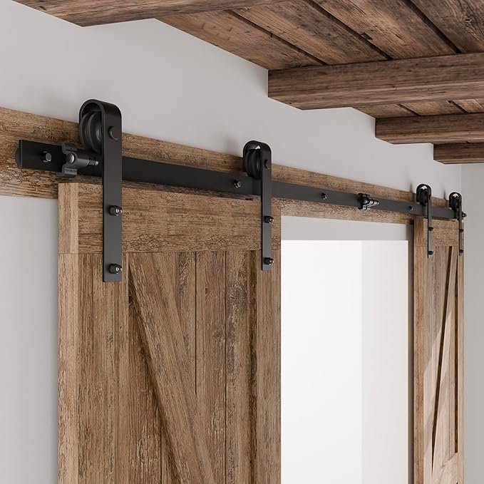 CCJH 7FT Sliding Barn Door Hardware Kit, Heavy Duty, Smoothly and Quietly, Easy to Install, Fit 21" Width Double Door Panel, Basic Style Hangers Black