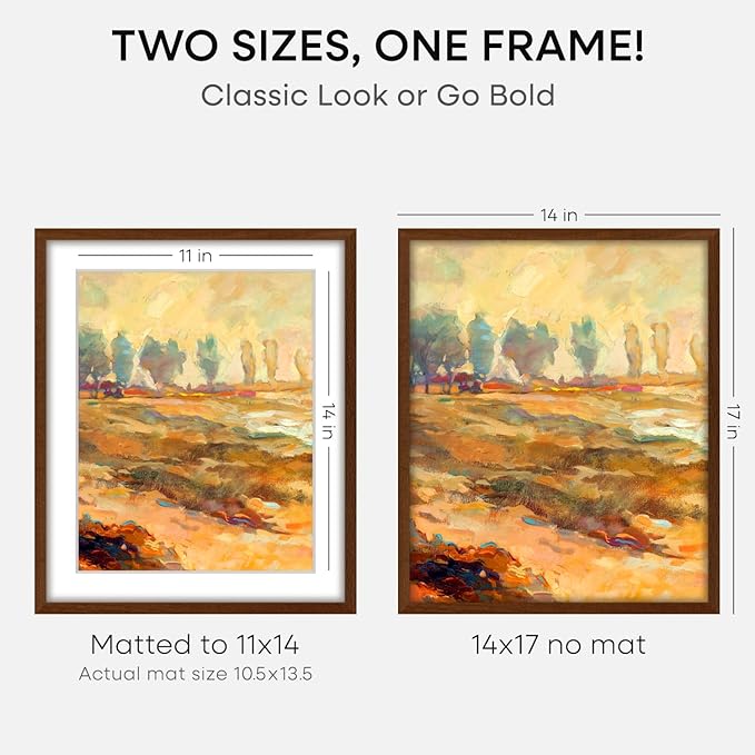 Homeforia 14x17 Picture Frame Brown, High End Dark Oak 14x17 Wooden Frames with Mat 11x14, 14 x 17 Walnut Wood Poster Frame Matted to 11 by 14, 17x14 Hanging Frames, Tempered Glass, Wall Kit, Set of 2