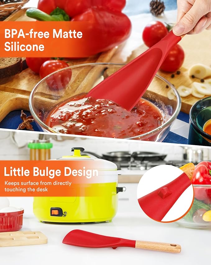 Cooking Spoon for Nonstick Cookwares, Great for Cooking and Serving Sturdy BPA-Free Matte Silicone, Wood Handle Spoon for Mixing, Scoop, and Scrape (RED, 11.4 inch)