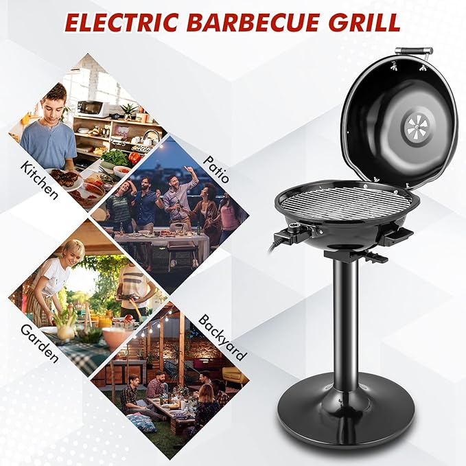 HAPPYGRILL 1600W Portable Electric Grill Outdoor BBQ Grill for 15-Serving, Electric Barbecue Grill for Indoor & Outdoor Use, Portable Stand BBQ Grill for Patio Balcony Kitchen Garden (Black)