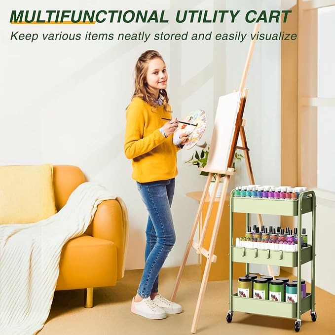 LEHOM 3 Tier Rolling Storage Cart, Metal Trolley Utility Cart with Wheels & Hooks, Easy Assembly Organizer Storage Cart for Bathroom Kitchen Office Bedroom