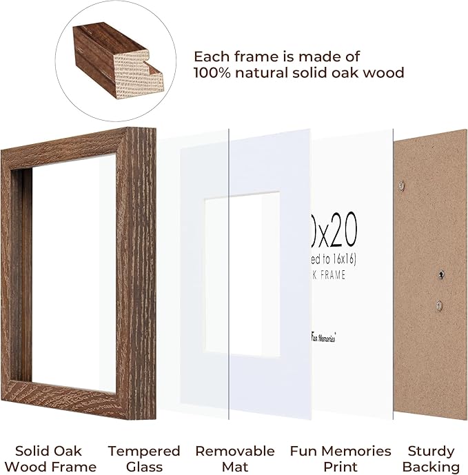 Fun Memories 20x20 Square Picture Frames, Rustic Solid Oak Wood Frame for Wall, Wooden Photo Frame with Tempered Real Glass, Matted to 16x16, Walnut Color, Set of 2