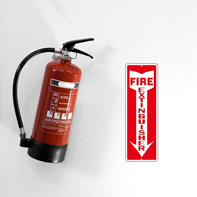 Fire Extinguisher Sign, (4 Pack) Self Adhesive Fire Extinguisher Sticker Signs for Indoor Outdoor, Rust Free Reflective Aluminum Metal Signs for Wall and Door (12 x 4 inches, Red/White)