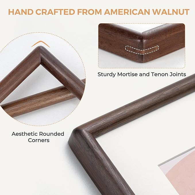 Axeman 8 x 10 Walnut Frame Set of 3 - Rounded Corner 8x10 Picture Frame Matted to 5x7 - Walnut Wood 8 x 10 Photo Frame with Tempered Glass for Wall Mount or Tabletop Display