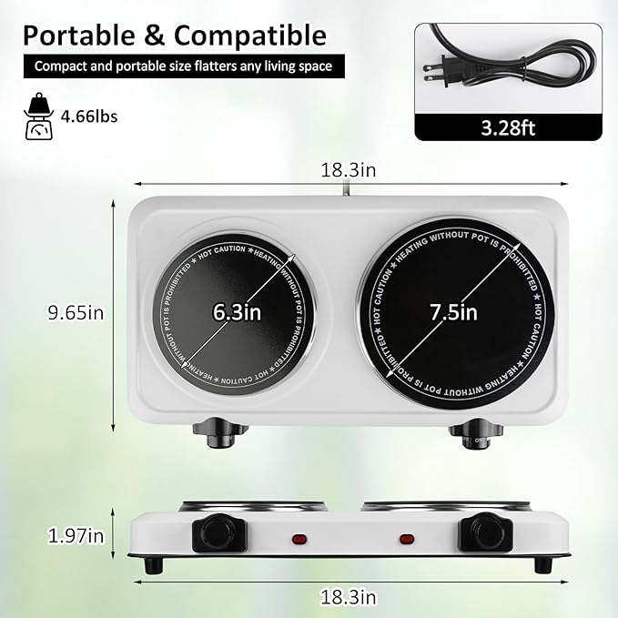 1800W Infrared Double Burner, Portable Hot Plate for Cooking, Countertop Burner with 7.5” & 6.3” Glass Plate Electric Cooktop with Stepless Temperature Adjustments for Home RV Camping