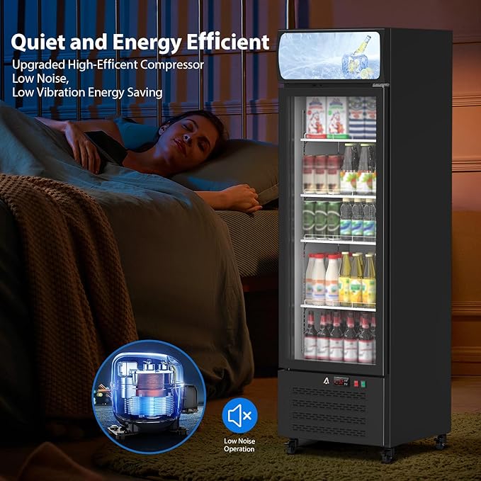 IDEALHOUSE 13.4 Cu.Ft Commercial Display Refrigerator, Single Glass Door Beverage Cooler with 4 Adjustable Shelves & LED Lighting, Black Drink Fridge for Store or Home
