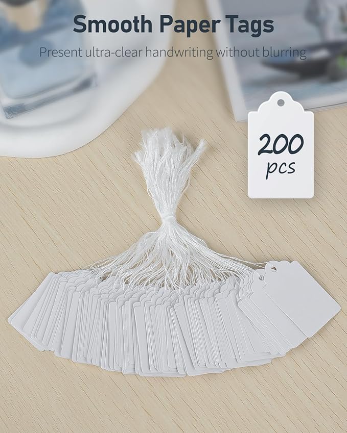 Uniclife 200 Pcs Price Tags 1.8 Inch Writable Price Labels White Price Display Tag for Pricing Clothing Jewelry Gifts Blank Hang Tag Merchandise White Marking Tags with Strings, 1.8" x 1"