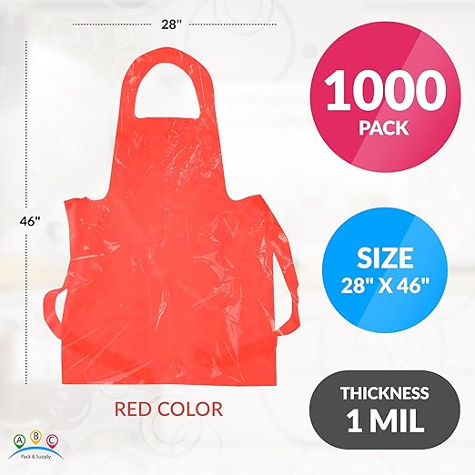 ABC PACK & SUPPLY Red Plastic Disposable Aprons Adults for Painting, 28 x 46 Inches. Pack of 1000 Disposable Plastic Aprons, 1 Mil. Unisex Waterproof Polyethylene Painting Apron for Food Industry