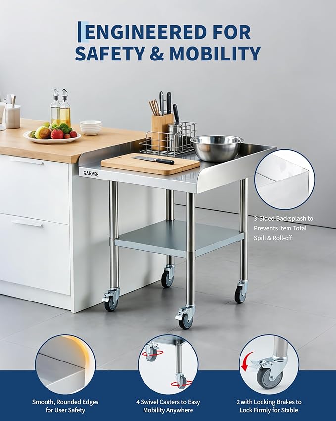 Garvee Stainless Steel Work Table, 30x36x26 Inch Commercial Food Prep Worktable with Wheels, Fixed 3-Sided Backsplash & Height-Adjustable Shelf, Heavy Duty Workbench for Kitchen Restaurant Garage