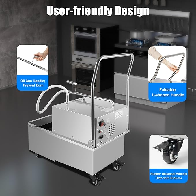 550W Stainless Steel Commercial Fryer Filter Machine, 55L/14.53 Gal Oil Filler Cart Truck Separator Cooking Oil Filtration System, 110V Mobile Fryer Filter Machine for Restaurant Hotels(Flow 32L/min)