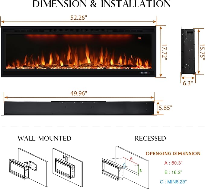Smart 50 inch WiFi-Enabled Electric Fireplace Inserts, Wall Mount & in Wall recessed Fireplace Heater, w/Realistic Log &Crystals, Adjustable Flame Color, Thermostat and Timer, 750W/1500W, Black