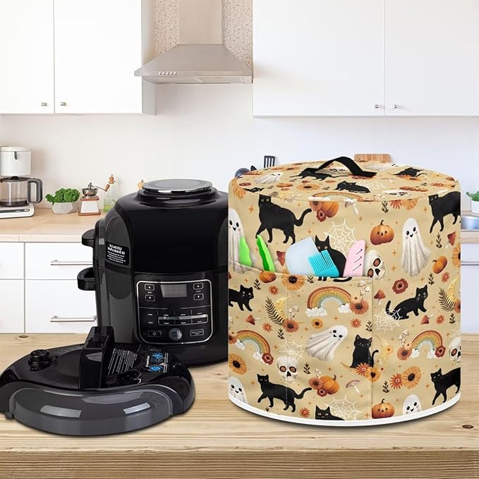 Halloween Theme Kitchen Appliance Protector Cover Bag 6 Quart Pressure Cooker/Air Fryer/Rice Cooker Dust Cover with Top Handle and Storage Pocket Black Cat Ghost Print