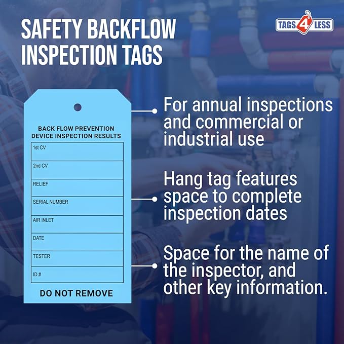 Tags 4 Less Custom Backflow Preventer Inspection Tags – 2 5/8" x 5 1/4" Maintenance Record Label for Backflow Test, Waterproof Heavy Duty Vinyl Plastic for Record-Keeping (Pack of 100)