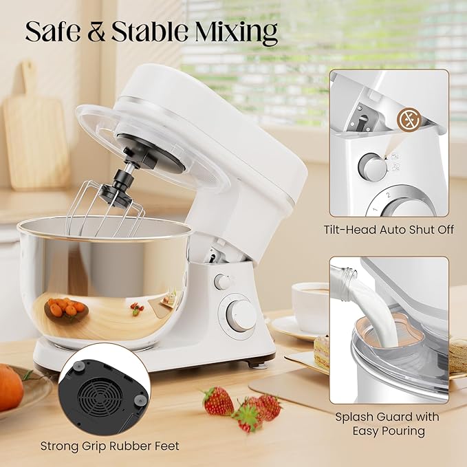 800W Stand Mixer with 5.3QT Stainless Steel Bowl - 6+P Adjustable Speed Electric Kitchen Mixer with Dough Hook, Whisk & Beater, Tilt-Head & Non-Slip Design- White (YD-385NS)