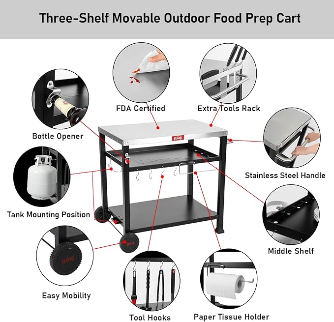 3-Shelf Outdoor Grill Table,Pizza Oven Table for Outside,Movable Grill Cart with Wheels,Indoor & Outdoor Cooking Station, Pizza Oven Stand for Ooni Blackstone Griddle 33.5”x 21.7”