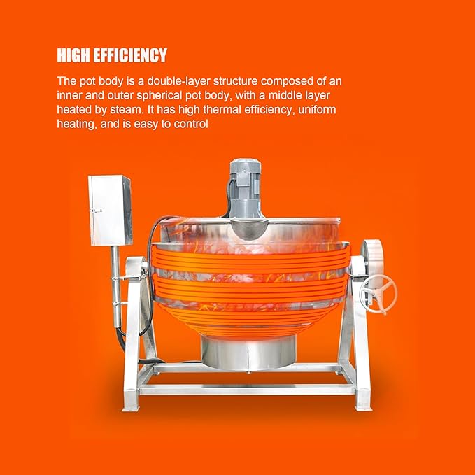 Jacketed Kettle 26.5Gallon Jacketed Kettle Large Electronic Tilting Sugar Jam Gas Boiling Machine Commercial Electric Jacketed Pot with Stirring and Edge Scraping 220V 60HZ Three-phase 1100W