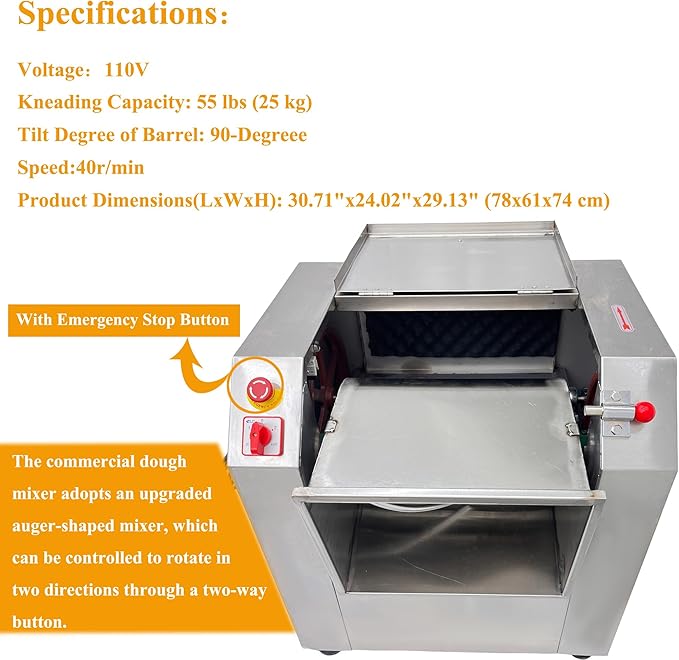 Dough Mixer Electric Food Mixer Commercial Dough Blender Machine Stainless Steel Dough Mixing Machine With Kneading Capacity of 55lbs Flour Mixing Machine 110V with Dough Knife
