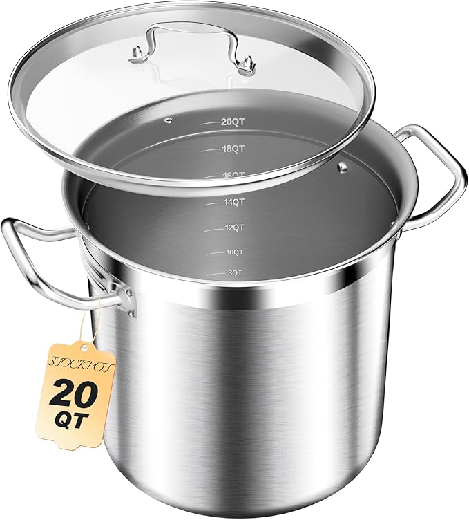 Stainless Steel 20 Quart Stockpot with Tempered Glass Lid, 3-Ply Base, 8.8 lbs, Polished Finish, Suitable for Stovetop and Oven, Dishwasher Safe