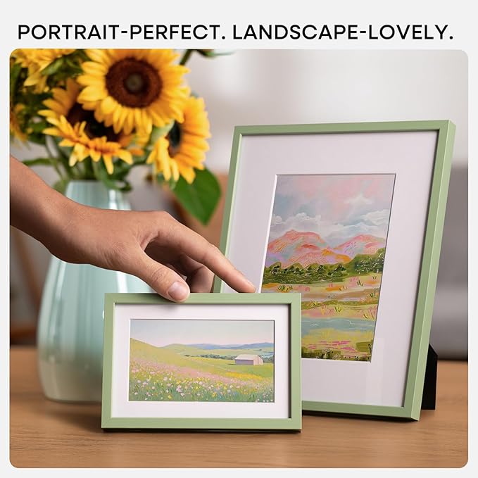 Homeforia 8x10 Picture Frame Sage Green, High End Metal 8 x 10 Poster Frames with Mat 5 by 7 Art, 10x8 Thin Frame Matted to 7x5 Photo, 8by10 Wall or Tabletop Frames, Tempered Glass, Wall Kit, Set of 2