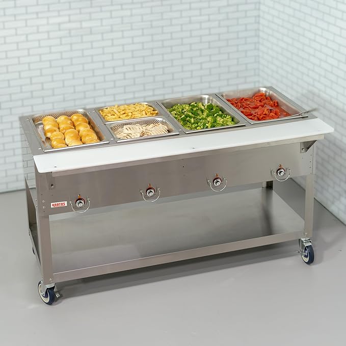 Kratos Commercial Mobile Electric Steam Table/Hot Food Table, 4 Wells, Stainless Steel, NSF 240V (28W-199)