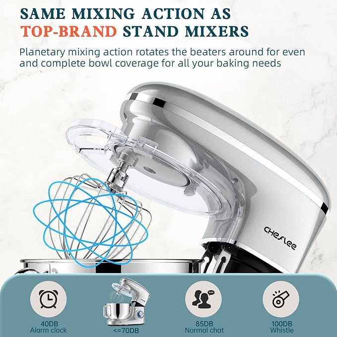 CHeflee Stand Mixer,660W 6+P With 6.5QT Stainless Steel Bowl,Dough Hook, Wire Whip & Beater,for Most Home Cooks (Silver)