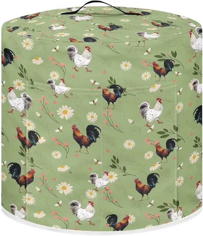 Air Fryer Dust Cover Compatible with 3 Quart Dust Protection Insulated Kitchen Appliance Cover with Top Handle & Pockets for Home Decoration, Rooster Daisy Floral Green