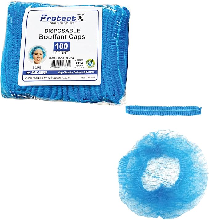 ProtectX 100-Pack Blue Disposable Hair Nets, Elastic Head Cover, Bouffant Caps, Sanitation Head Cover for Food Service, Spa Men & Women - 21 inch