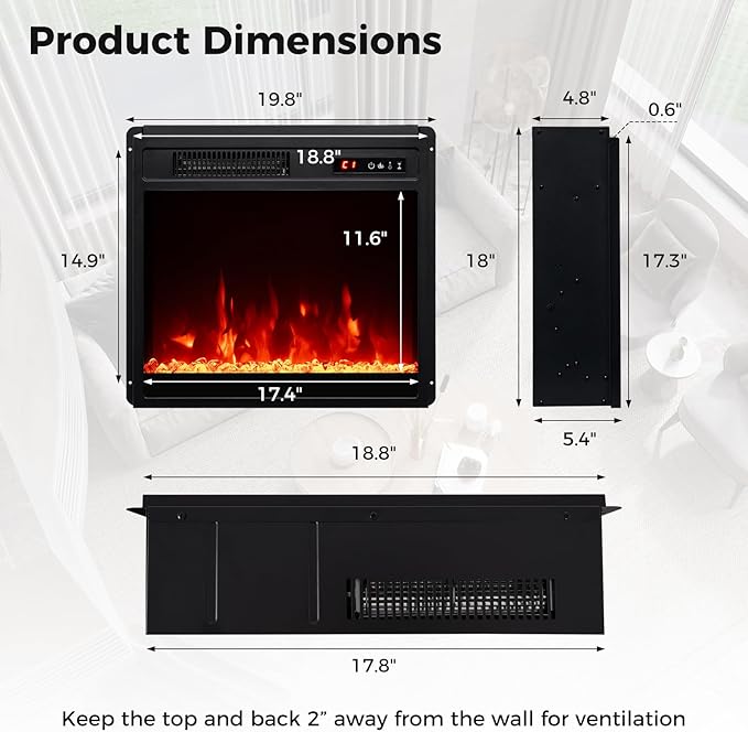 Tangkula 18 Inches Electric Fireplace, 5,000 BTU Fireplace Insert w/Remote Control, Crystal Stones, 3 Flame Colors & 5 Brightness, 0.5-9H Timer, Thermostat & Overheat Protection