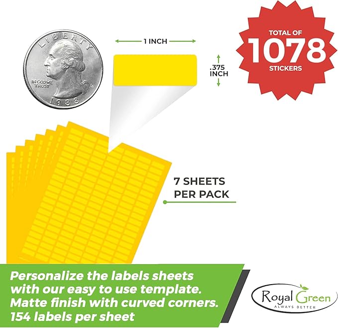Small Labels Printable Sticker Paper Sheets for Injket Printers in Yellow, Small Printing Labels 1 inch x 0.375 inch for Laser Printers with Template Included, 7 Full Sheets - 1078 Pack