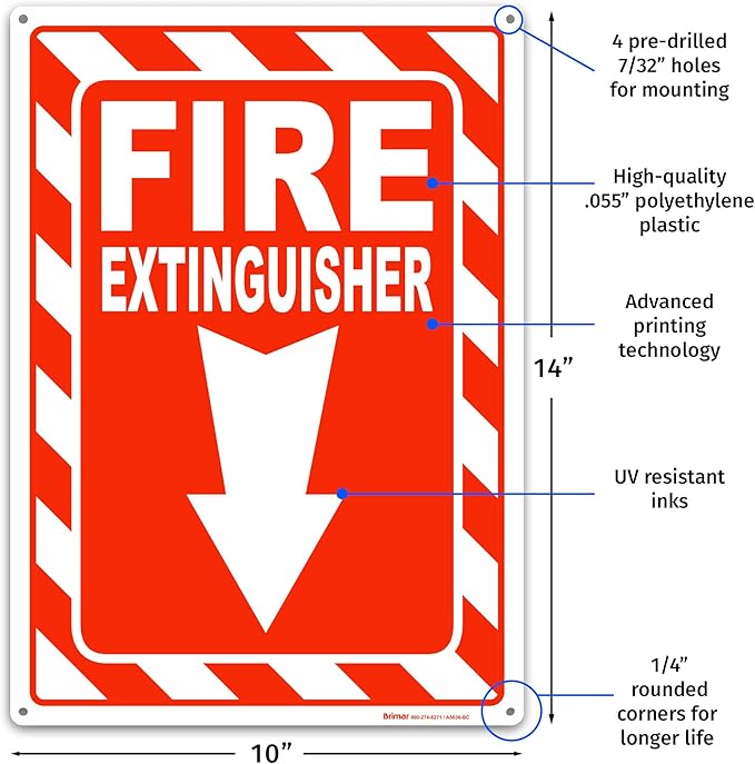 Brimar - 10" x 14" - Fire Extinguisher Sign - Polyethylene Plastic - Safety Promotion - High Visibility