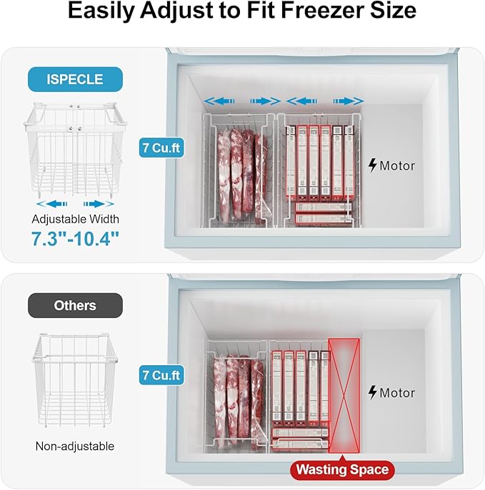 iSPECLE Freezer Organizer Bins - 3 Pack Adjustable Width for 5 to 7 Cu.Ft Chest Freezers, Stackable Freezer Wire Storage Baskets for Deep Freezer Organization, Assembly Required, White