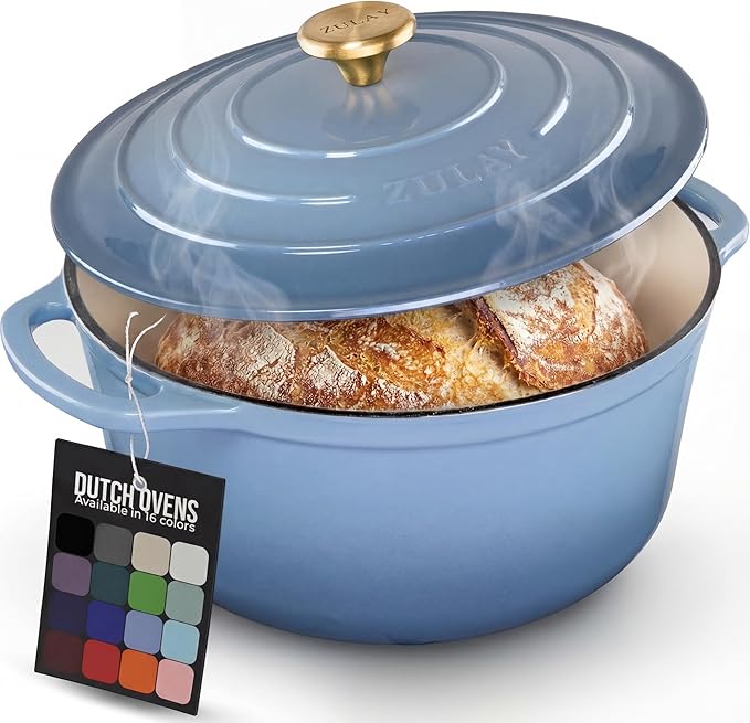 Zulay Kitchen 6 Quart Enameled Cast Iron Dutch Oven Pot with Lid – Premium Durability & Oven Safe up to 500°F – Heavy Duty Cookware Perfect for Bread Baking, Stews, Braising & Roasting - Aquamarine