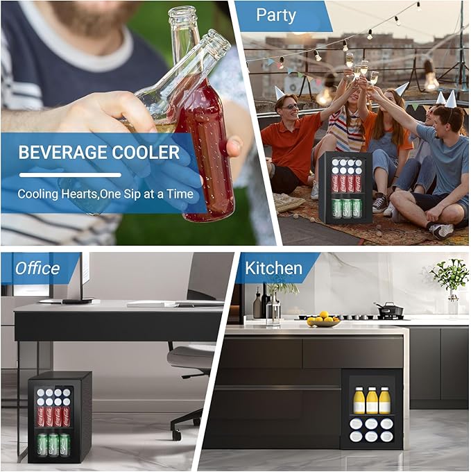 Beverage Refrigerator Cooler, 0.9 Cu/24 Can Drink Fridge with Adjustable Shelves & Clear Door for Soda Wine Beer, Countertop Mini Fridge, Compact Design for Home/Office/Bar (40-61 ℉) Black