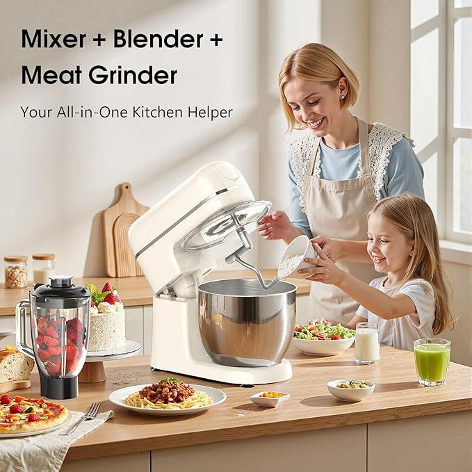 Stand Mixer, 7-IN-1 6.5QT 660W Multifunctional Electric Kitchen Mixers with Blender, Meat Grinder, Dough Hook, Whisk and Beater, 8-Speed Food Mixer for Baking, Cooking, Food Processing, Beige
