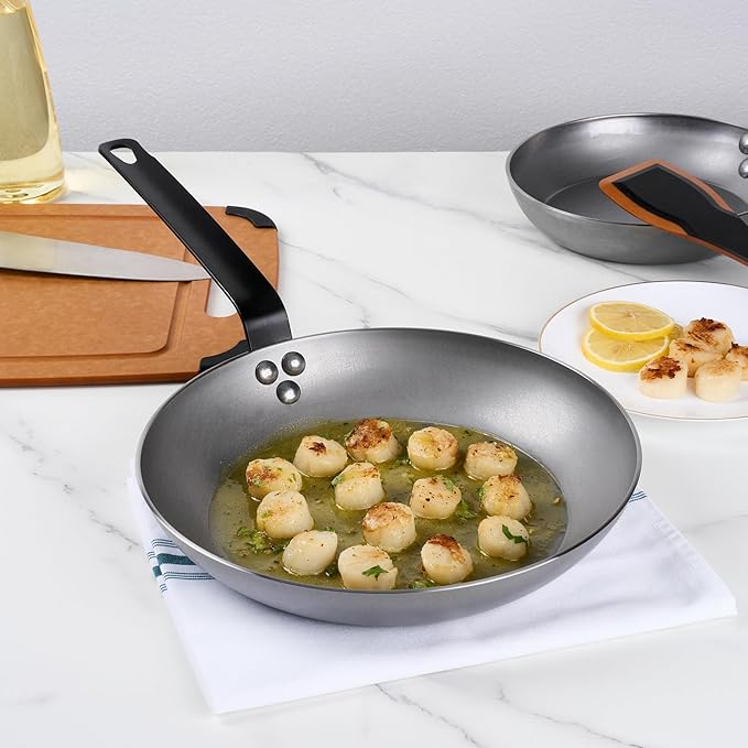 Restaurantware Fry Pan 6 Pack of 11 Inches Carbon Steel Non-Stick Searing Pan With Ergonomic Handle Silver For Sauteing and Omelets