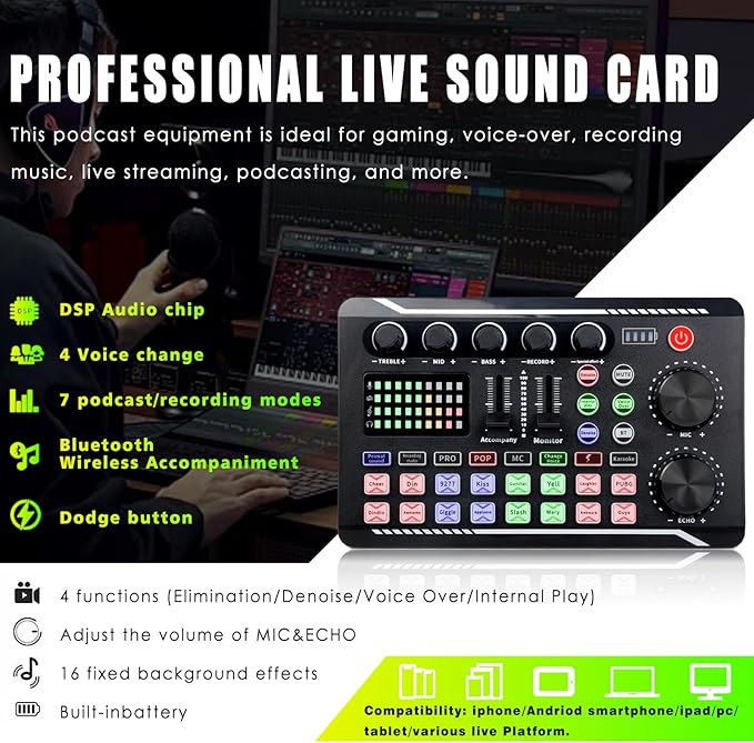 Professional Live Sound Card, Audio Mixer and Audio Interface with DJ Mixer Effects, Voice Changer - Studio Equipment for Streaming/Podcasting/Gaming